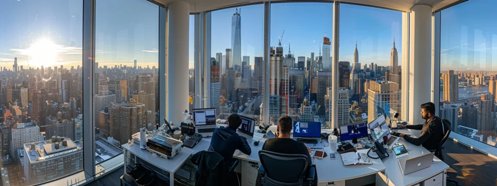 a sleek, modern office in new york city with a panoramic view of the skyline, showcasing a team of professionals strategizing and optimizing websites for seo success.