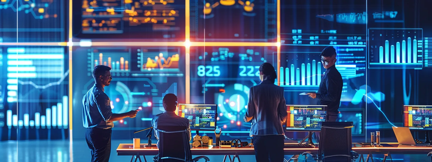 vibrant office with a team of experts analyzing data and optimizing a wordpress site for increased search engine rankings.